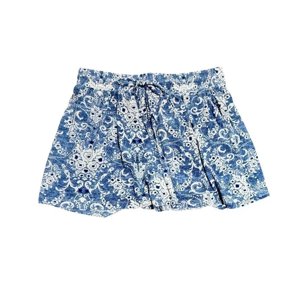 Blue Paisley Boho Shorts Wrinkle-free Stretchy High Rise Cooling Fabric Pockets